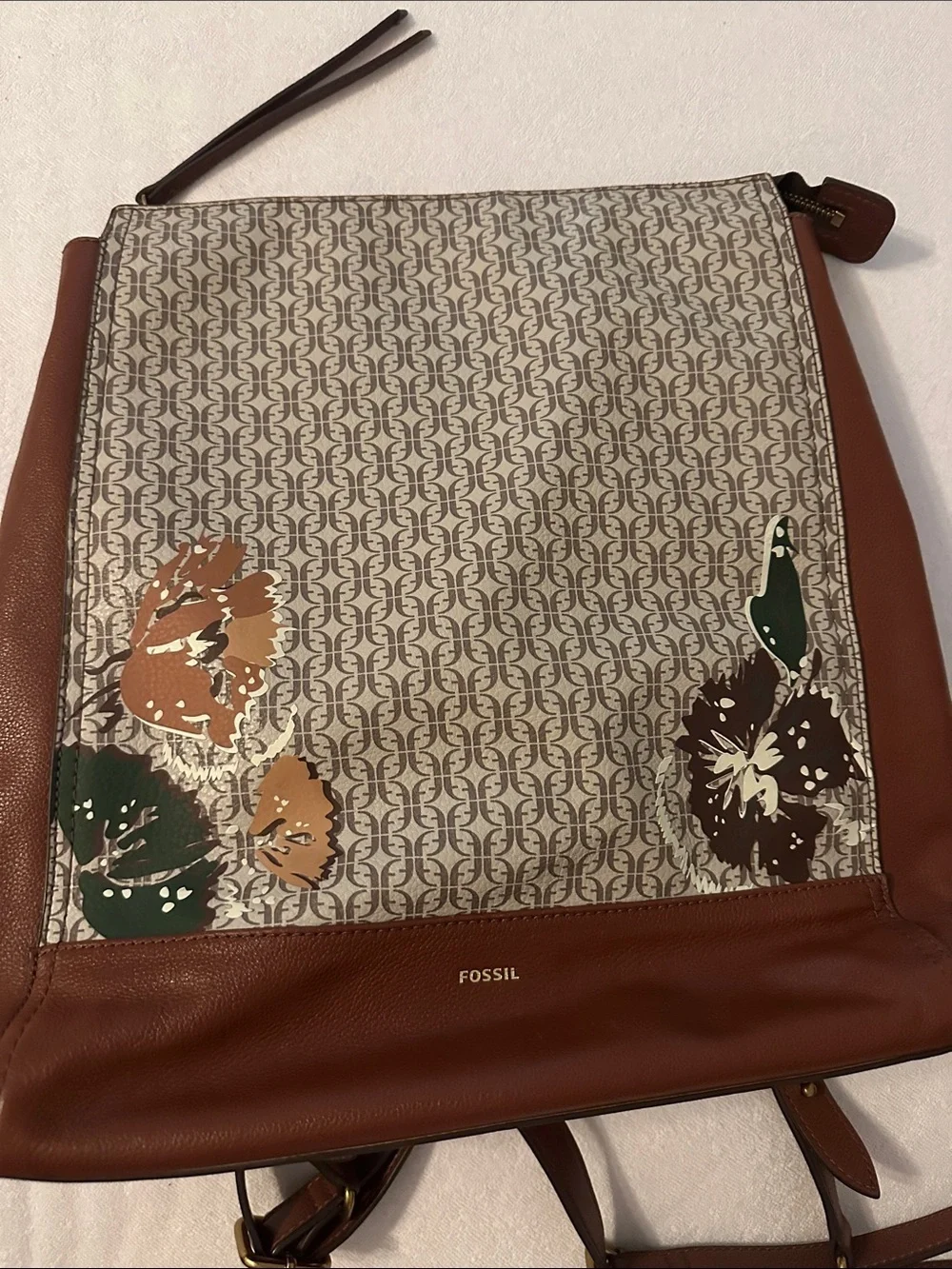 Fossil Elina Large Convertible Backpack Tan Floral Handbag Purse